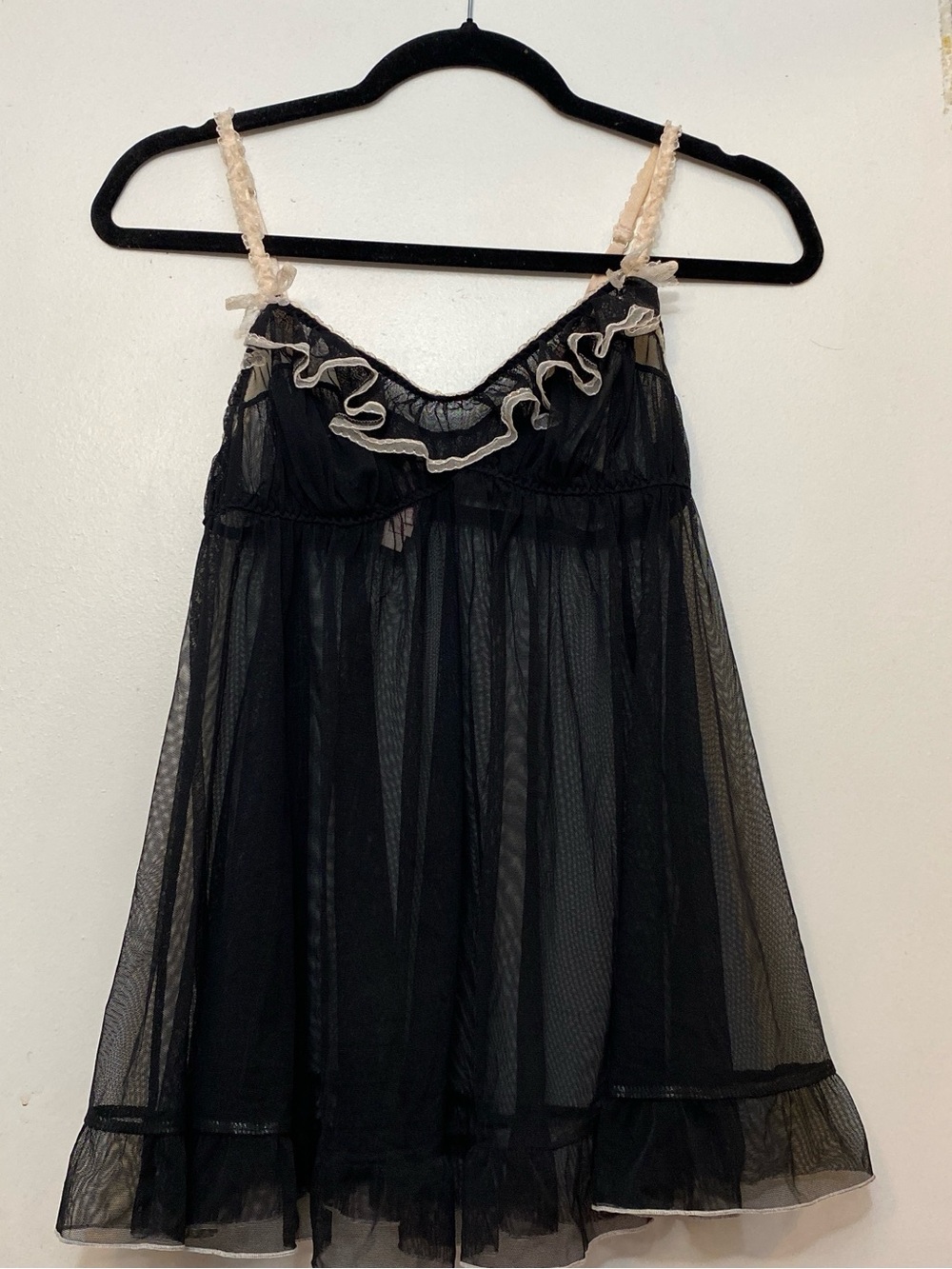 Vintage Victoria’s Secret Black mesh babydoll lingerie with pink lace trim